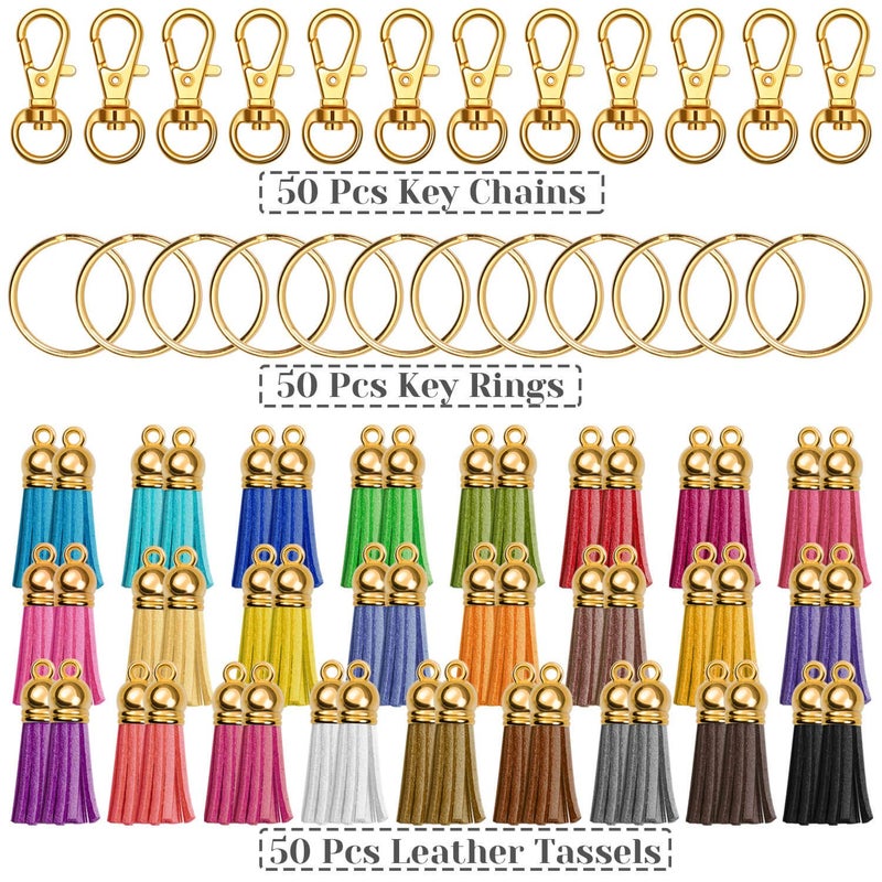 Anezus 100Pcs Craft Tassel Set - 50 Tassels, 25 Lobster Clasp Keychains, 25 Rings for Acrylic Keychains, Gold - Image 2